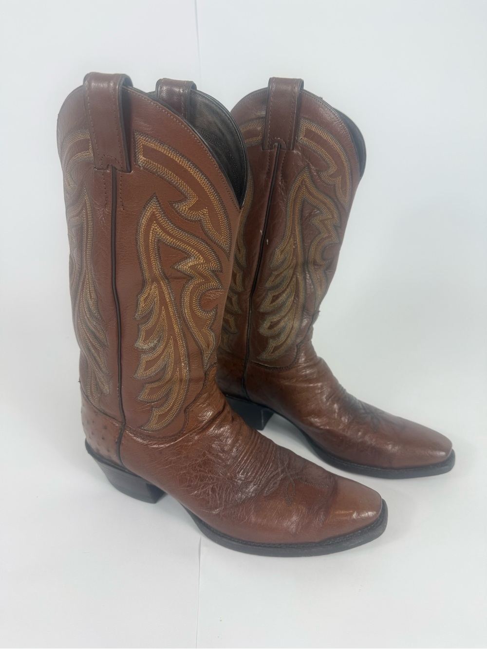 Justin Boots Brown Ostrich Embossed Leather Western Cowboy Boots